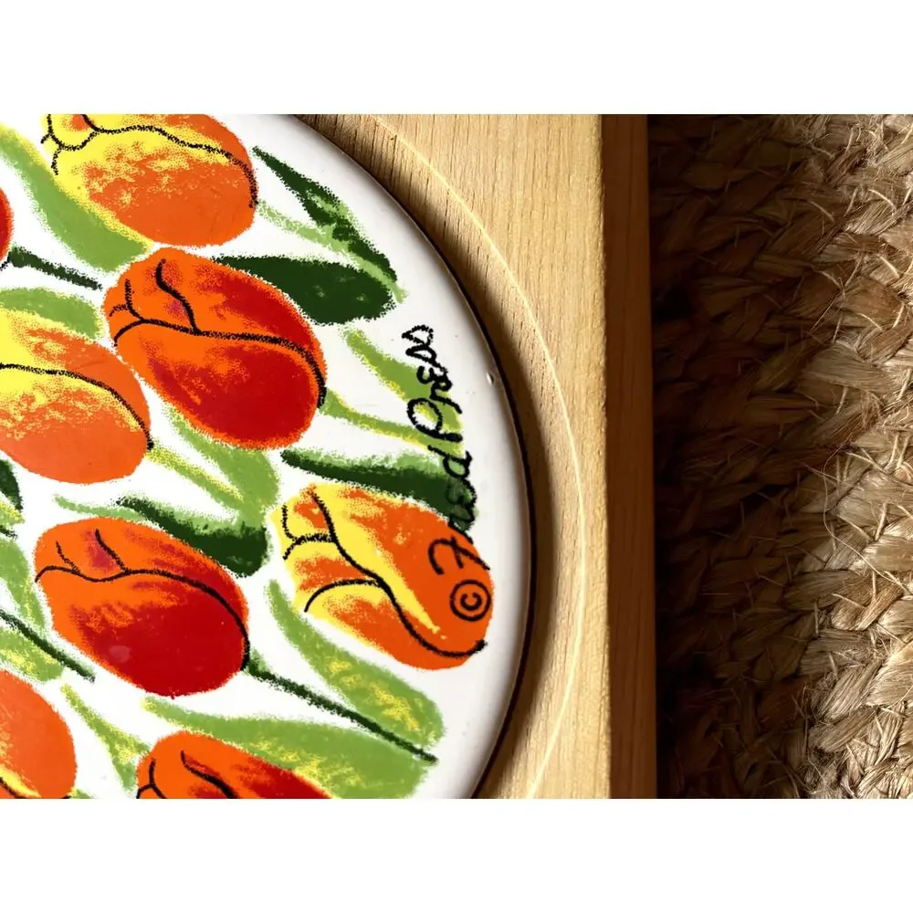 Vintage Fred Press Cheese Board Ceramic Tile Tulips Wood Serving Tray with Knife